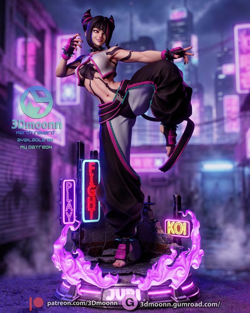 3Dmoonn Juri Han figure from Street Fighter in a dynamic combat pose, with neon "PLAY", "FIGHT",...