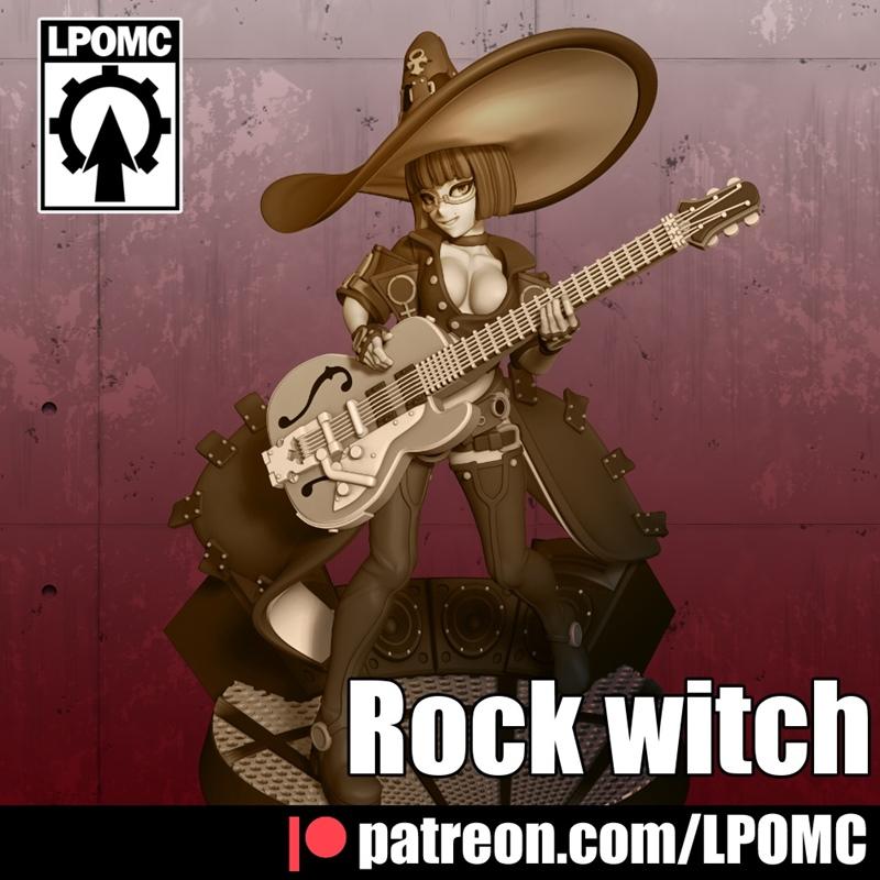 Rock Witch 3D model figure playing a guitar, wearing a large hat and glasses, gothic attire.