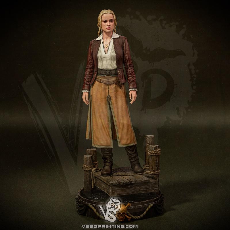 3D model of Eleanor Guthrie, a woman in a leather jacket, white shirt, and split tan skirt, standing on a wooden dock...