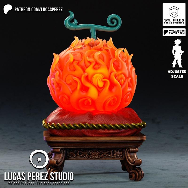 3D model of the Mera Mera no Mi (Flame-Flame Fruit) from One Piece, depicted as a glowing orange fruit with red flame...