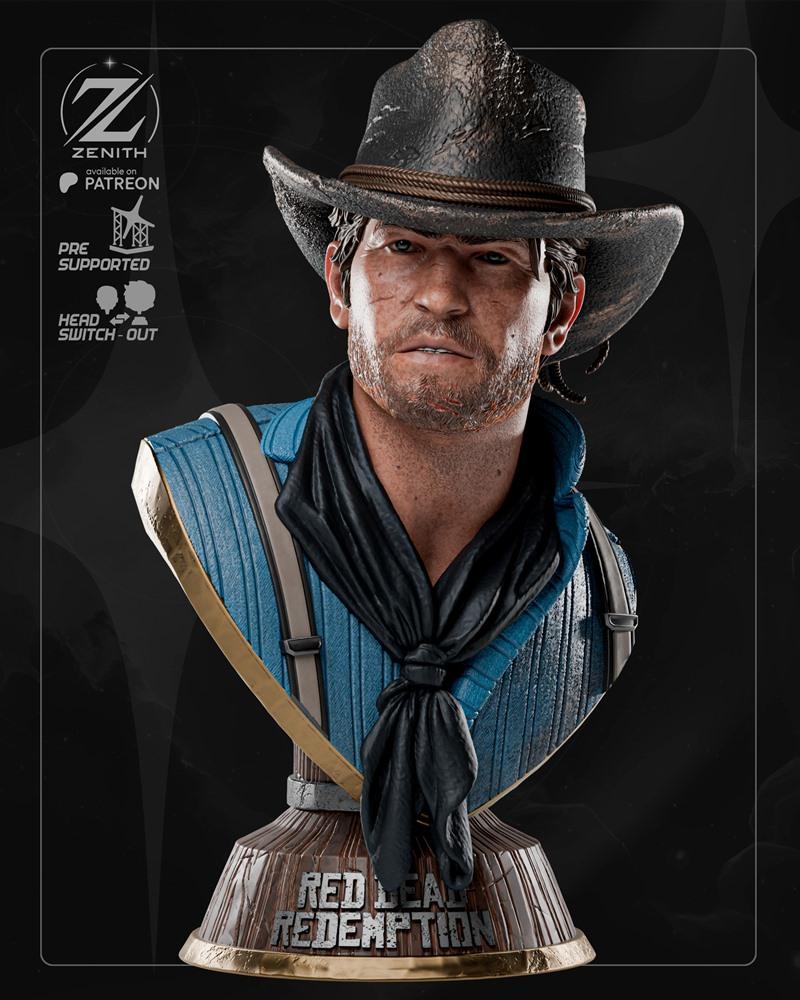Bust of Arthur Morgan from Red Dead Redemption, wearing a cowboy hat and blue shirt, with 'Red Dead Redemption' inscr...