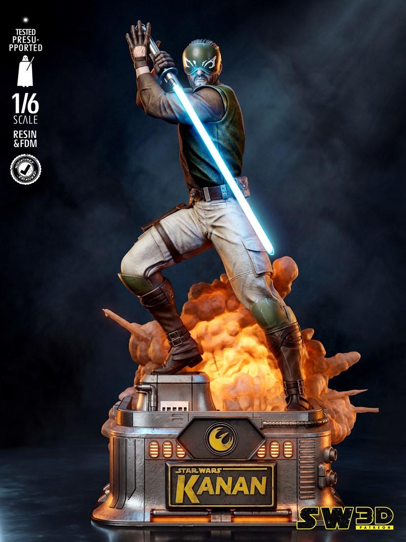 Kanan Jarrus from Star Wars in a 1/6 scale sculpture, wielding a blue lightsaber amidst explosions. He wears a green...
