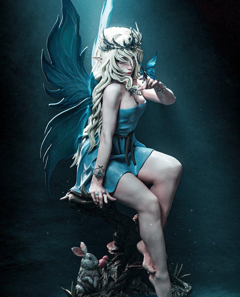 3D model of a blonde fairy with blue wings, wearing a crown and blue dress, sitting on a log with a butterfly on her...