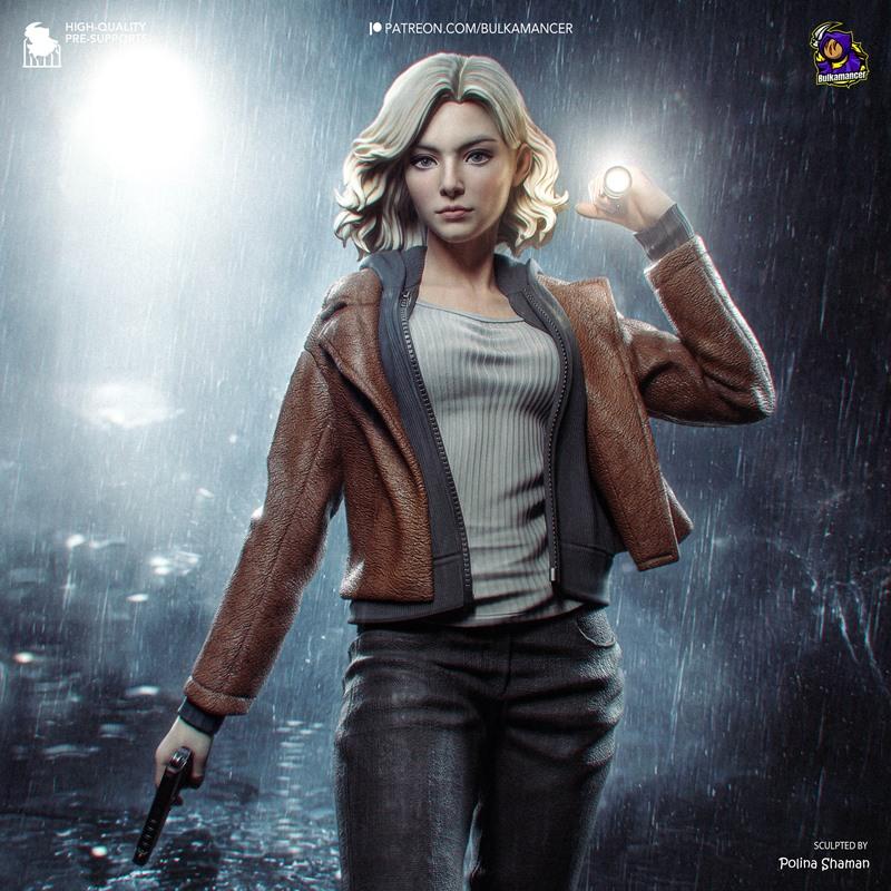 3D model of Grace Ashcroft, a woman in a brown jacket and grey top, holding a pistol and flashlight in the rain.