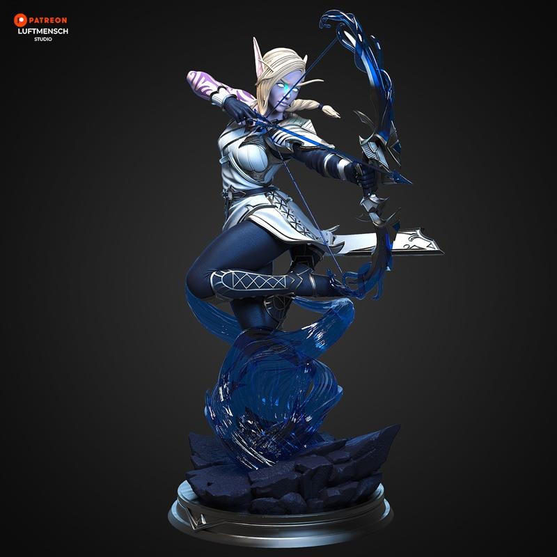 Alleria Windrunner 3D model by Luftmensch Studio, drawing a bow with blue energy effects, wearing white and blue armo...