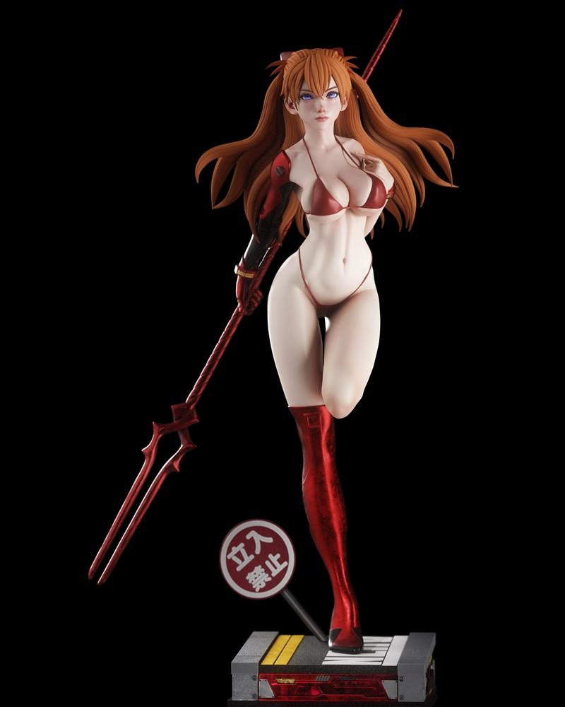 Asuka from Evangelion in a red bikini, holding a spear, wearing red boots and arm guard, standing on a detailed base...