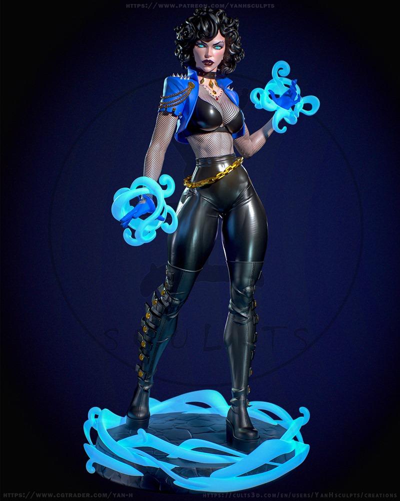 Zatanna figure by Yan-H, wearing a blue jacket, fishnet top, and leather pants, conjuring blue magic with both hands,...