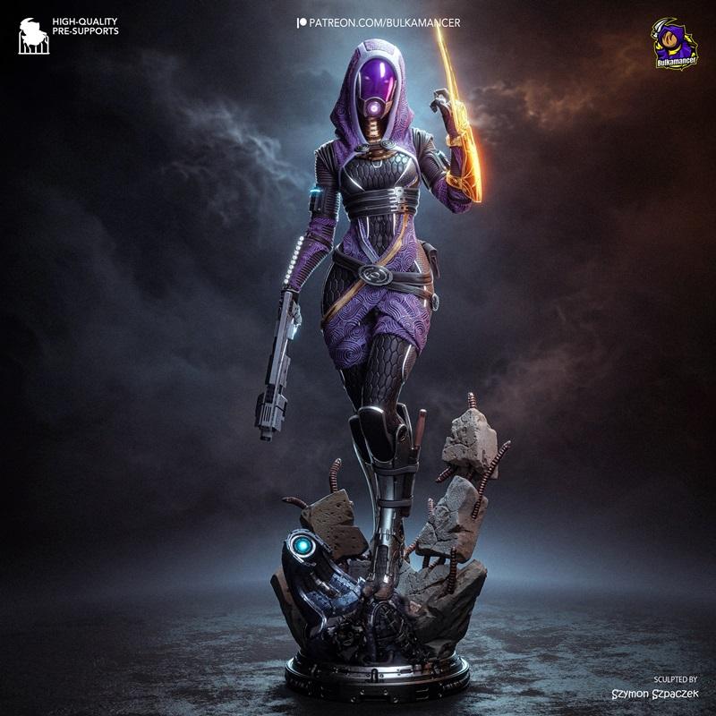 3D model of Tali from Mass Effect, wearing a purple hooded suit and helmet, holding a pistol and glowing energy objec...