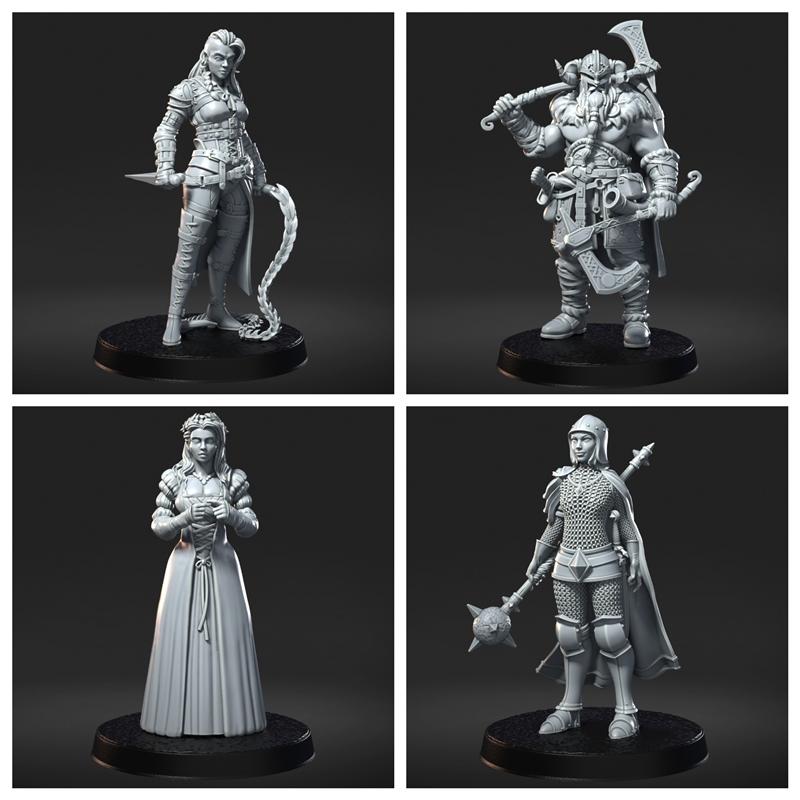 Four fantasy 3D printable miniatures: female warrior with whip, male barbarian with axes, female noble in gown, and m...