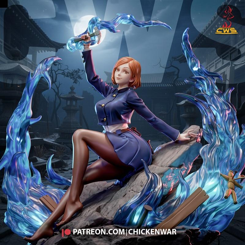 Nobara Kugisaki 3D model figure from Jujutsu Kaisen, seated on rocks with blue energy effects, holding a hammer.