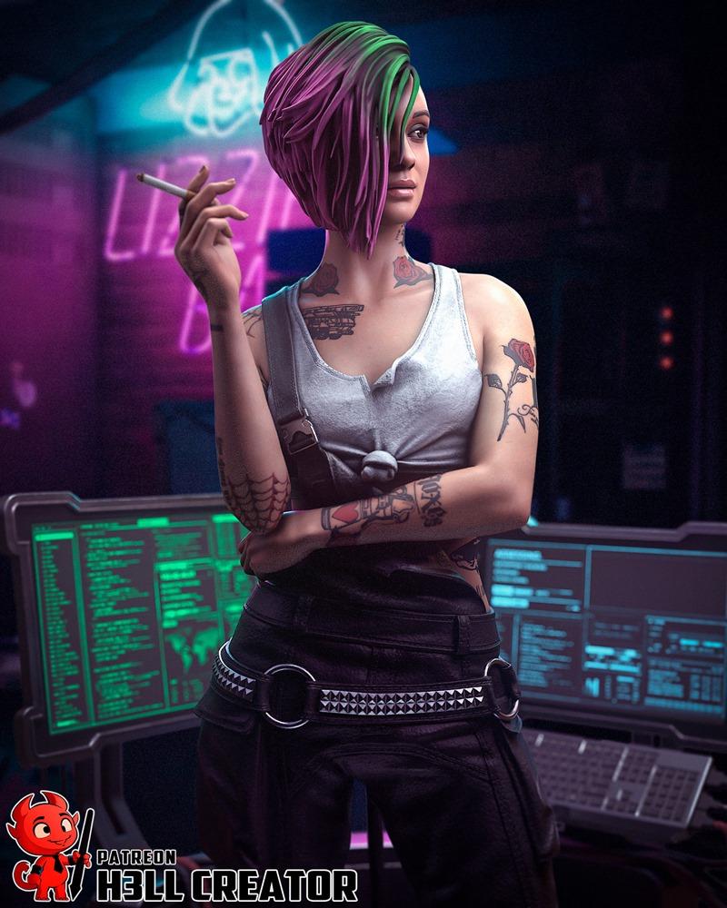 Judy Alvarez from Cyberpunk 2077, a 3D figure by h3LL creator, smoking a cigarette with pink and green hair, wearing...