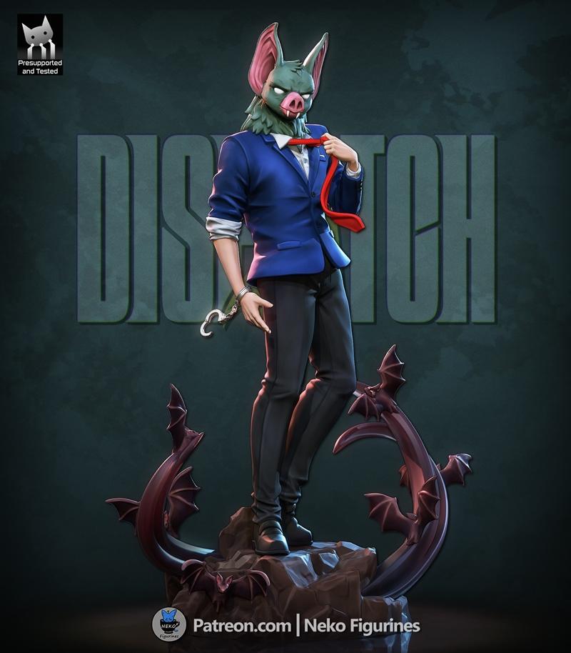 3D model of Sonar (Dispatch) by Neko Figurines, a character with a bat mask, wearing a blue suit and red tie, with ha...