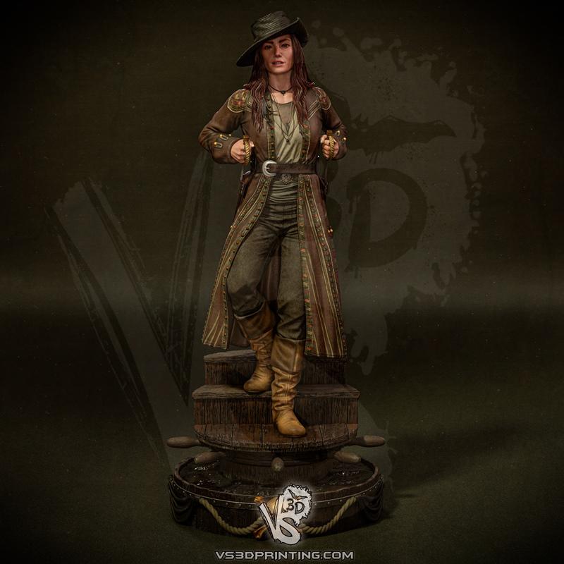 VS3D 3D print model of Anne Bonny, a female pirate wearing a hat, long coat, and boots, holding pistols, standing on...