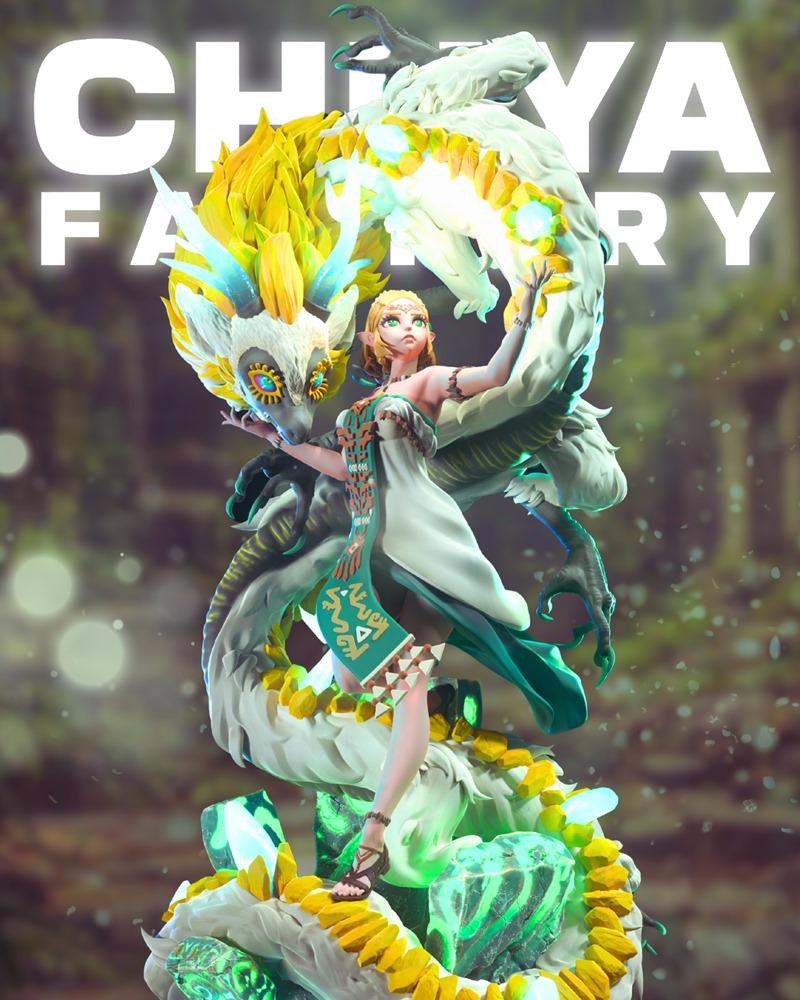 Female character in white dress with tribal accents stands with a large, white and yellow dragon with glowing green c...