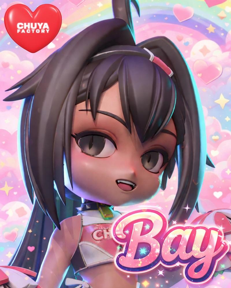 Chuya Factory's 3D model of Bay, a cute anime-style character with dark hair, large eyes, and a pink sporty outfit, a...