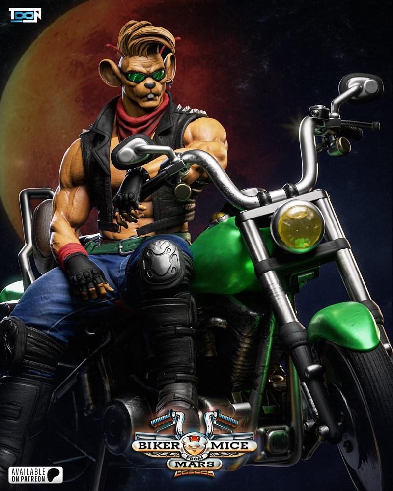 Throttle from Biker Mice from Mars seated on a green motorcycle, wearing a black leather vest, blue jeans, and green...