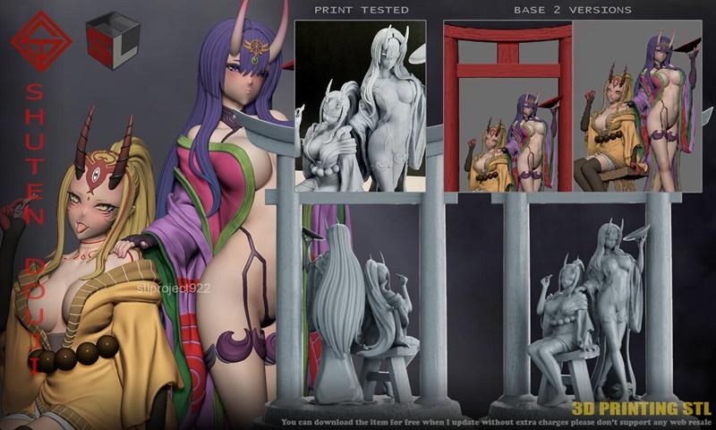 3D print models of Shuten Douji from Fate/Grand Order, featuring multiple poses and variations, with demonic horns an...