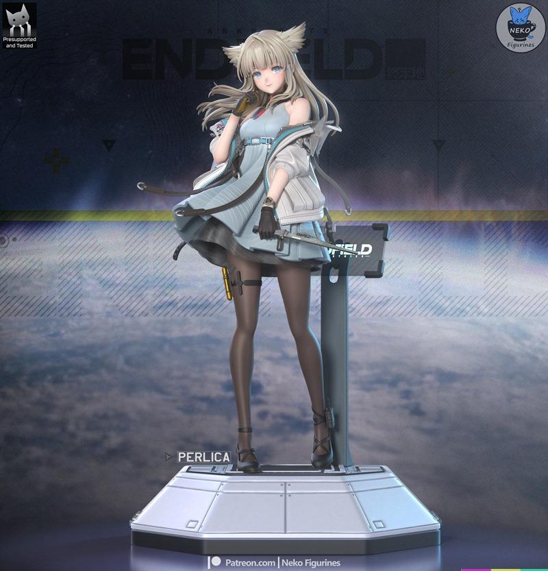 3D model figure of Arknights character Perlica, with blonde hair, cat ears, blue dress, white jacket, and sword, stan...