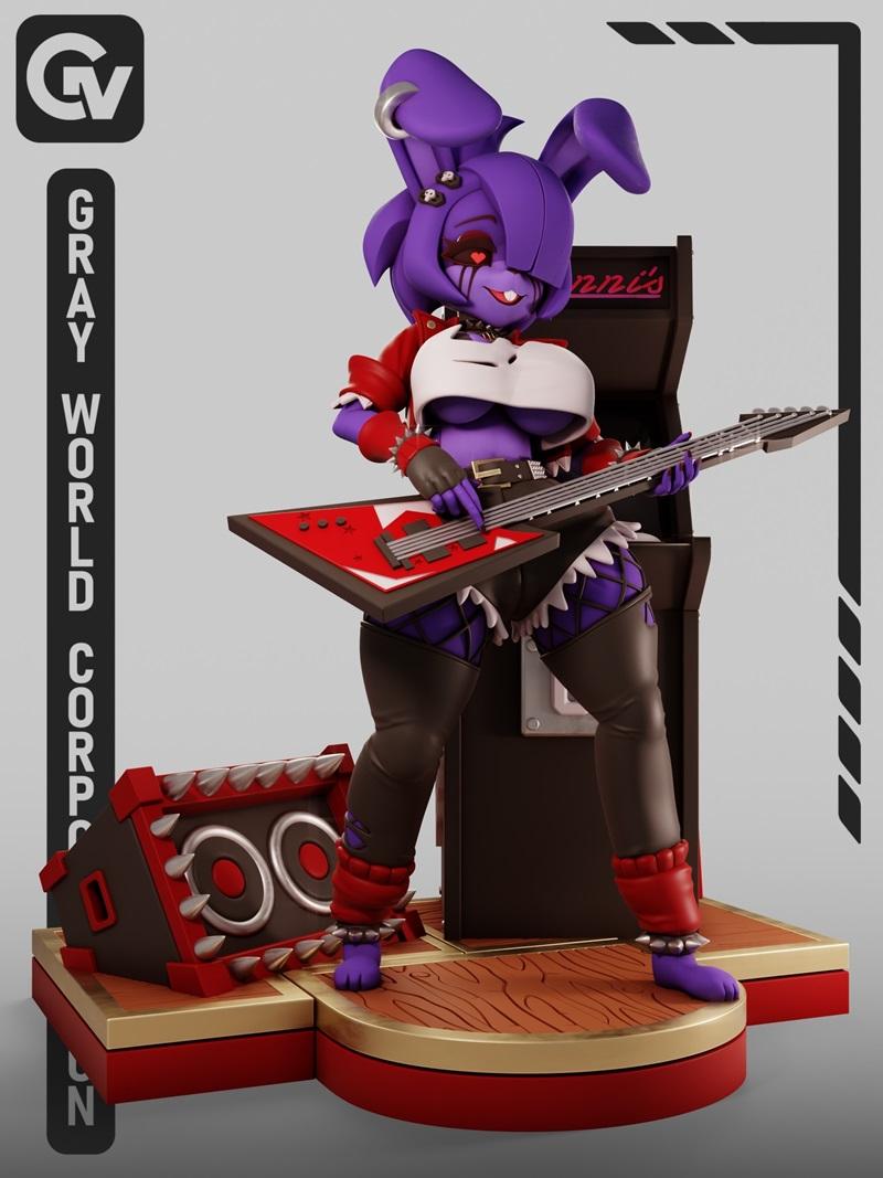 Purple anthropomorphic rabbit character Frenni from Bonfie 2 holding a red electric guitar, wearing a rock outfit, st...