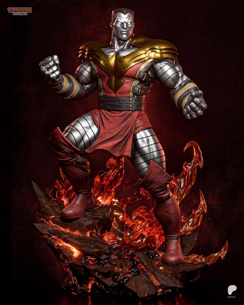 Tanuki Figures 3D model of Colossus from X-Men, metallic skin, red and gold costume, standing on a fiery base.