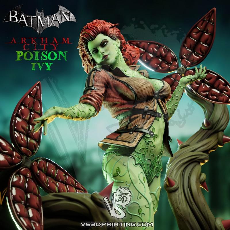 Poison Ivy in Arkham City attire, green skin with vine patterns, wearing a brown leather jacket and shorts, surrounde...