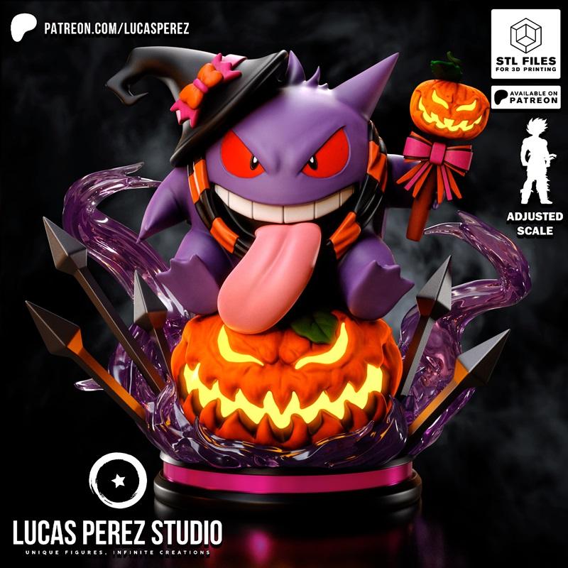 Gengar Pokemon figure in Halloween costume, wearing a witch hat and sitting on a jack-o'-lantern, with swirling purpl...