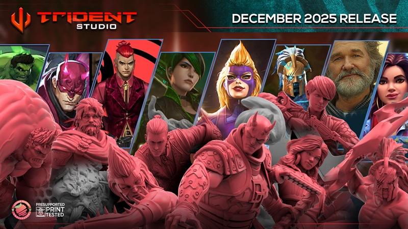 Collection of 3D print models from Trident Studio, featuring Marvel characters like Hulk and Daredevil, presented in...