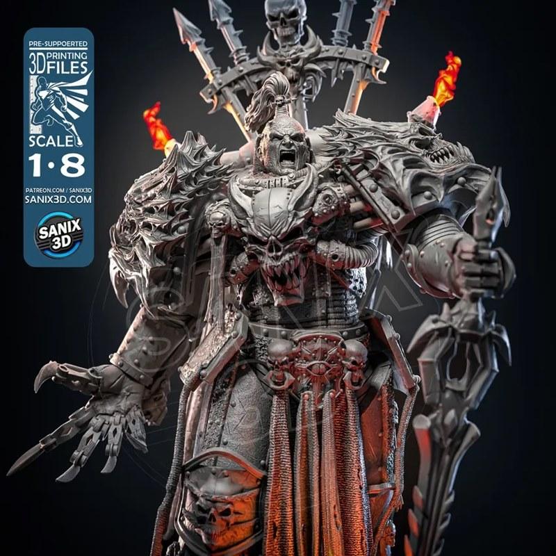 Armageddon Warmachine 3D model figure by Sanix, 1:8 scale, wearing ornate demonic armor with skulls and flames, holdi...