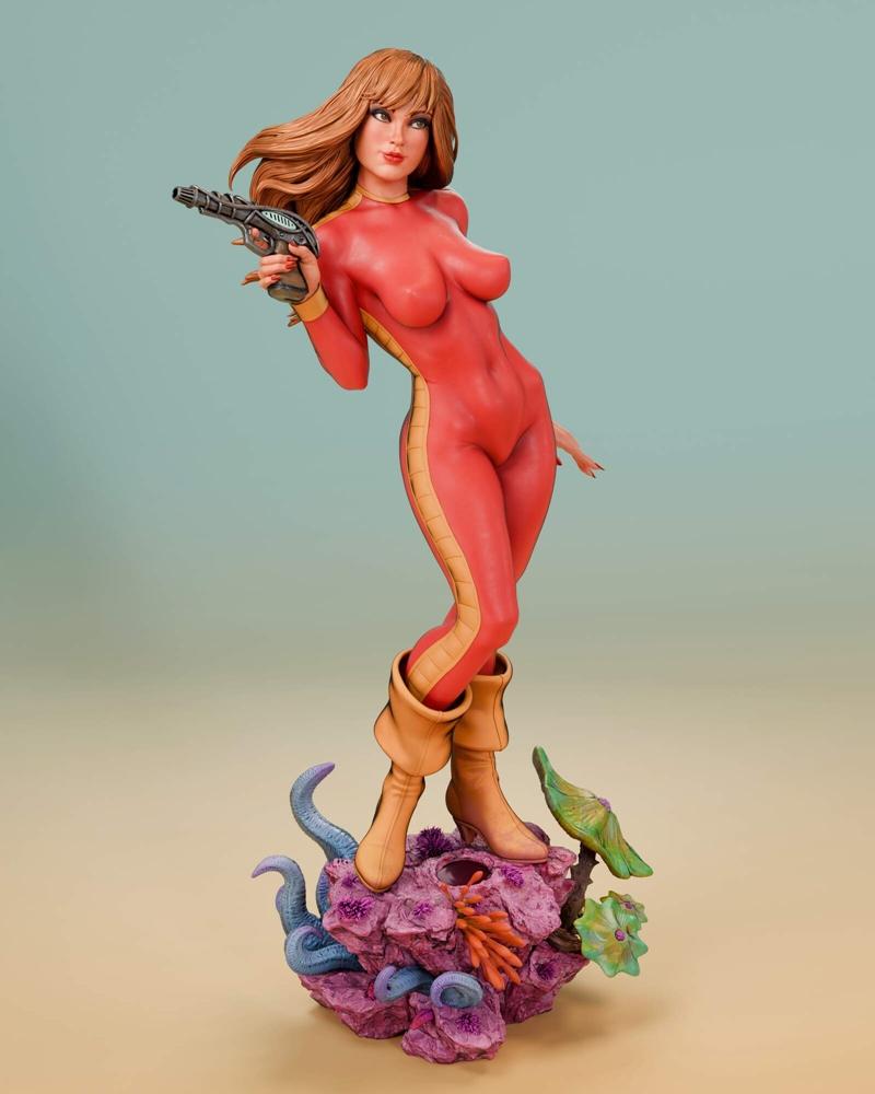 Barbarella figure in a red and yellow sci-fi suit holding a blaster, standing on an alien landscape base with tentacl...