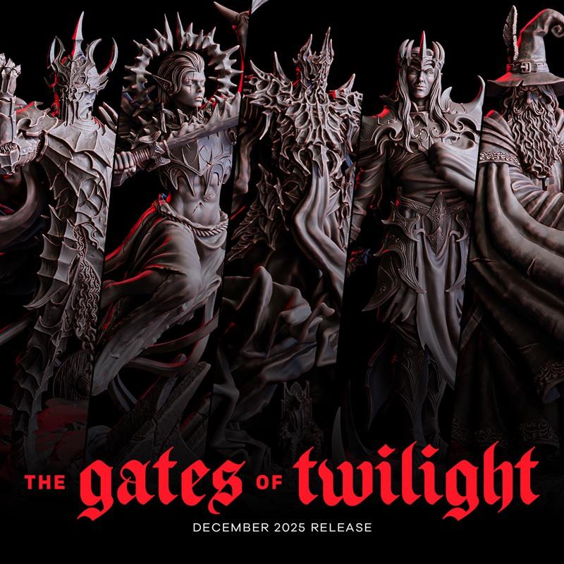 Five fantasy figures in dark, detailed armor: a warrior with spiky helmet, an elf with a halo and sword, a skeletal m...