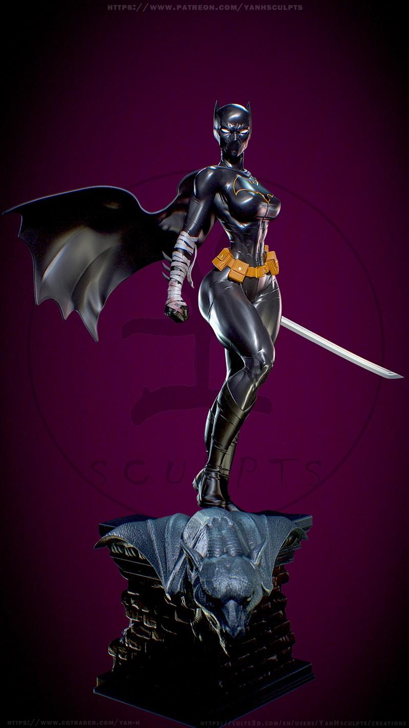 Batgirl (Cassandra Cain) 3D model figure by Yan-H, wearing a black suit and cape, holding a katana, standing on a gar...