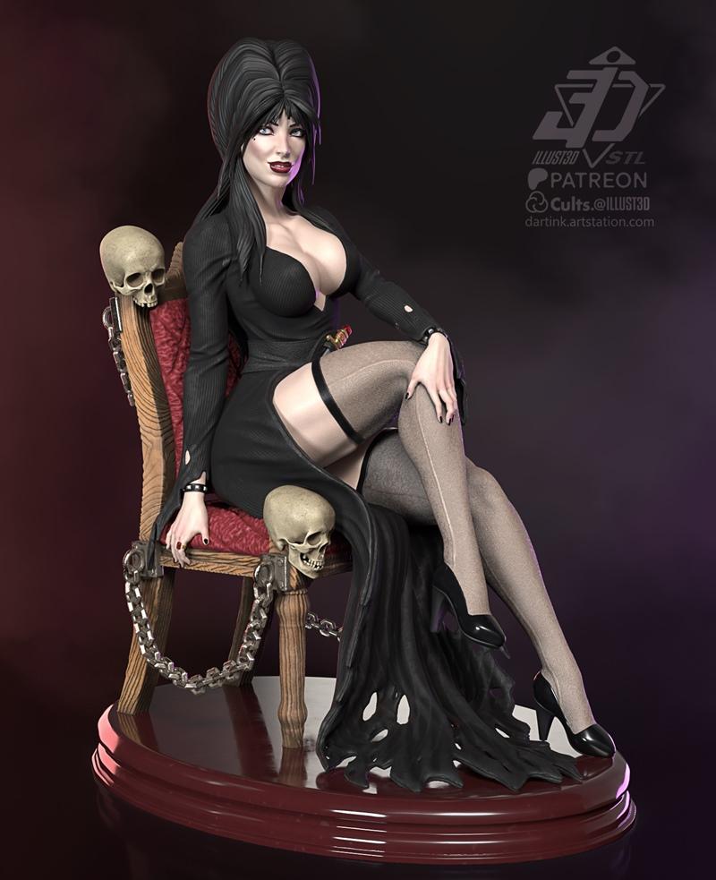 Elvira, Mistress of the Dark, seated on a red chair with skulls, wearing a black dress and stockings. Illust3D model.