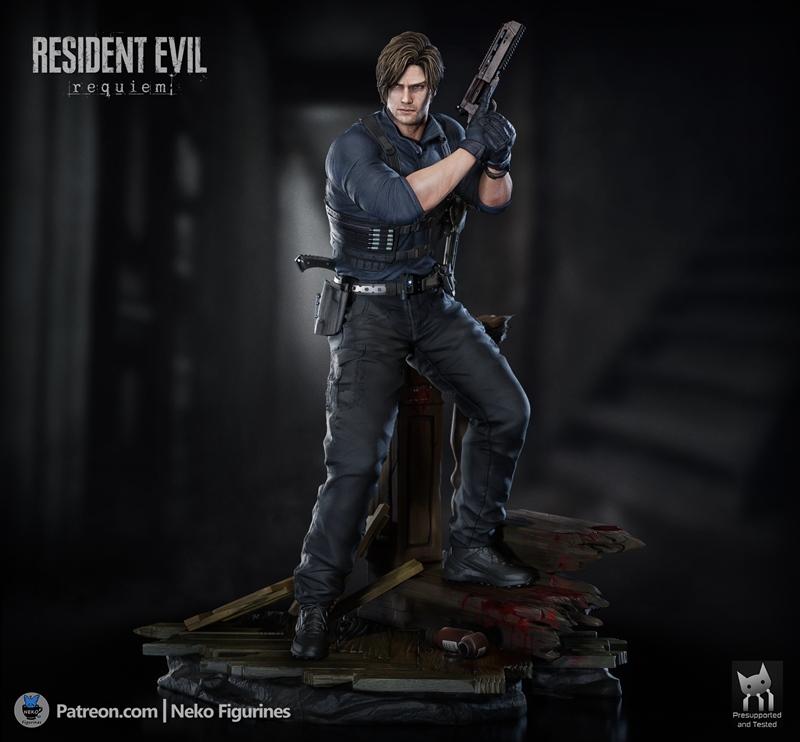3D model of Leon Kennedy from Resident Evil, holding a handgun, wearing tactical gear, standing on a blood-splattered...