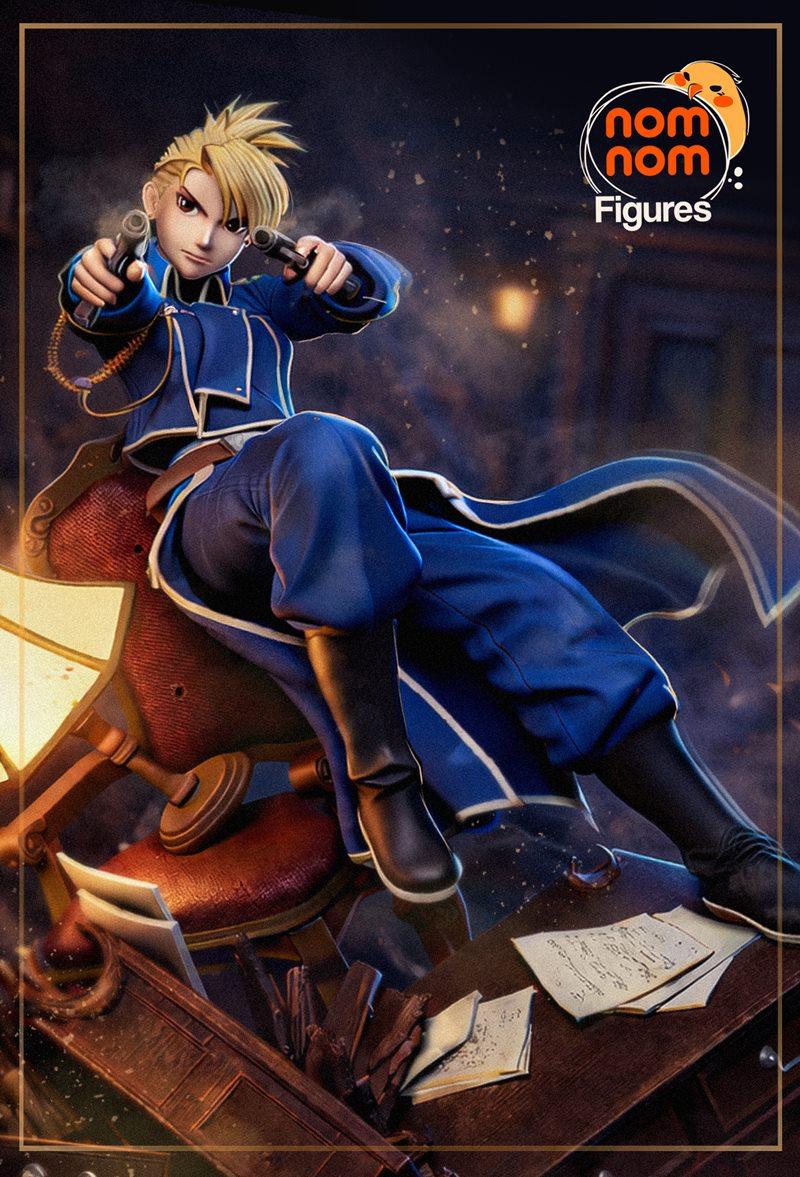 Riza Hawkeye from Fullmetal Alchemist in a dynamic pose, seated and aiming two pistols. She wears a blue military uni...