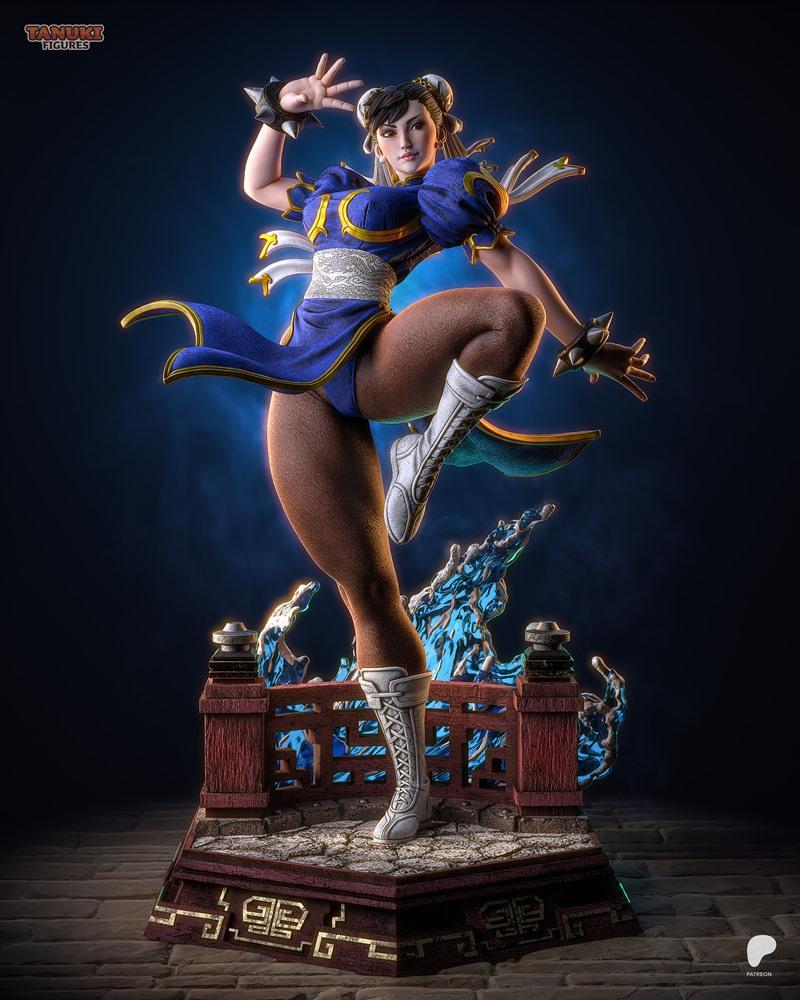 3D model of Chun-Li from Street Fighter in a dynamic combat pose, wearing her blue dress and white boots, standing on...