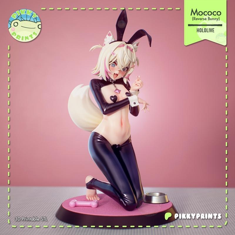 3D printable figure of Hololive's Mococo Abyssgard in a revealing bunny outfit, kneeling on a pink base with a dog bo...
