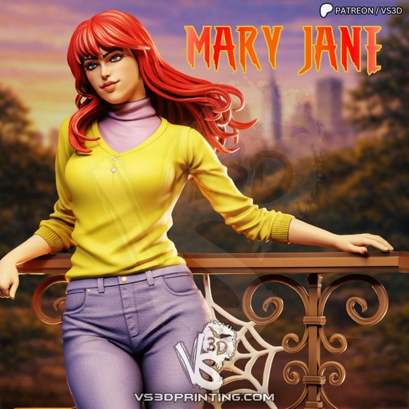 VS3D 3D model of Mary Jane Watson leaning on a railing, wearing a yellow sweater and jeans, with red hair and a city...