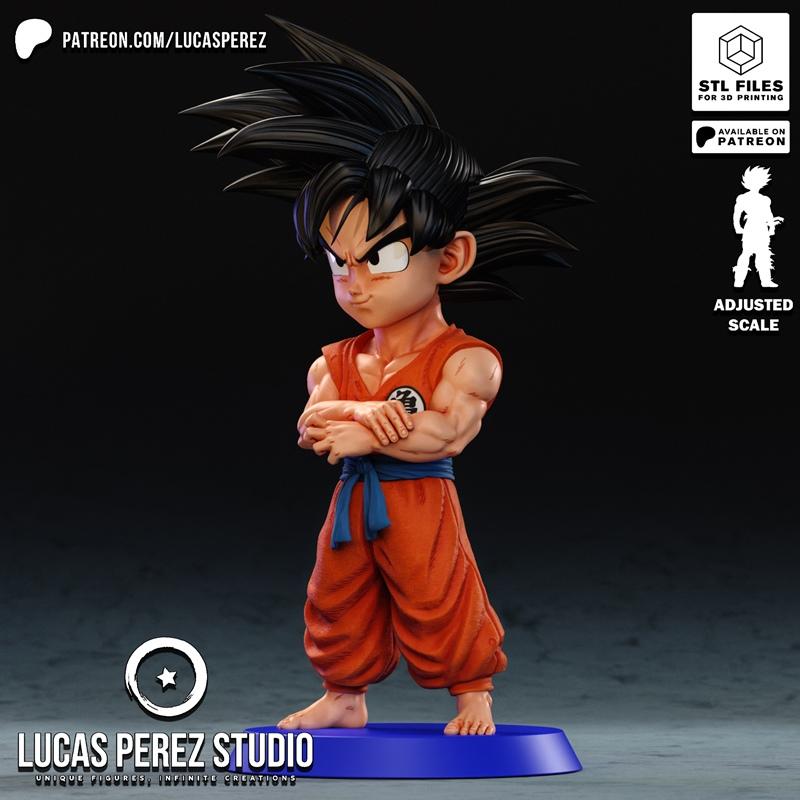 Chibi Goku 3D model by Lucas Perez Studio, wearing orange gi and blue sash, arms crossed, standing on a blue base.