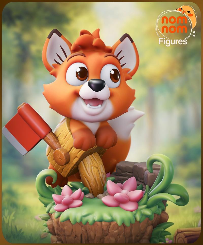 Chibi Tod the fox from The Fox and the Hound, holding an axe in a log, with pink flowers and green foliage on a fores...