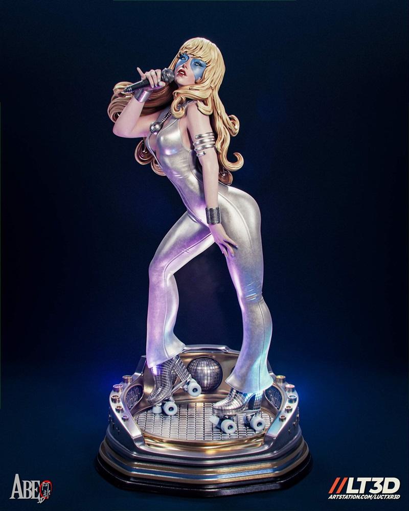 Dazzler figure in a silver disco jumpsuit and roller skates, holding a microphone, on a futuristic stage base with a...