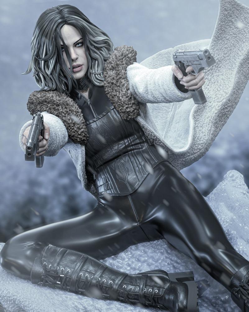 Selene from Underworld in a dynamic pose, holding two pistols, wearing a leather outfit and a fur-lined coat.