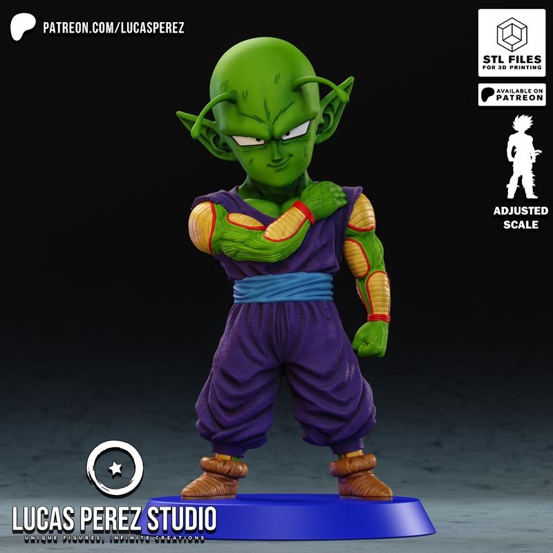 Chibi Picollo figure from Dragon Ball, green skin, purple gi, blue sash, brown boots, on a blue base. STL model by Lu...