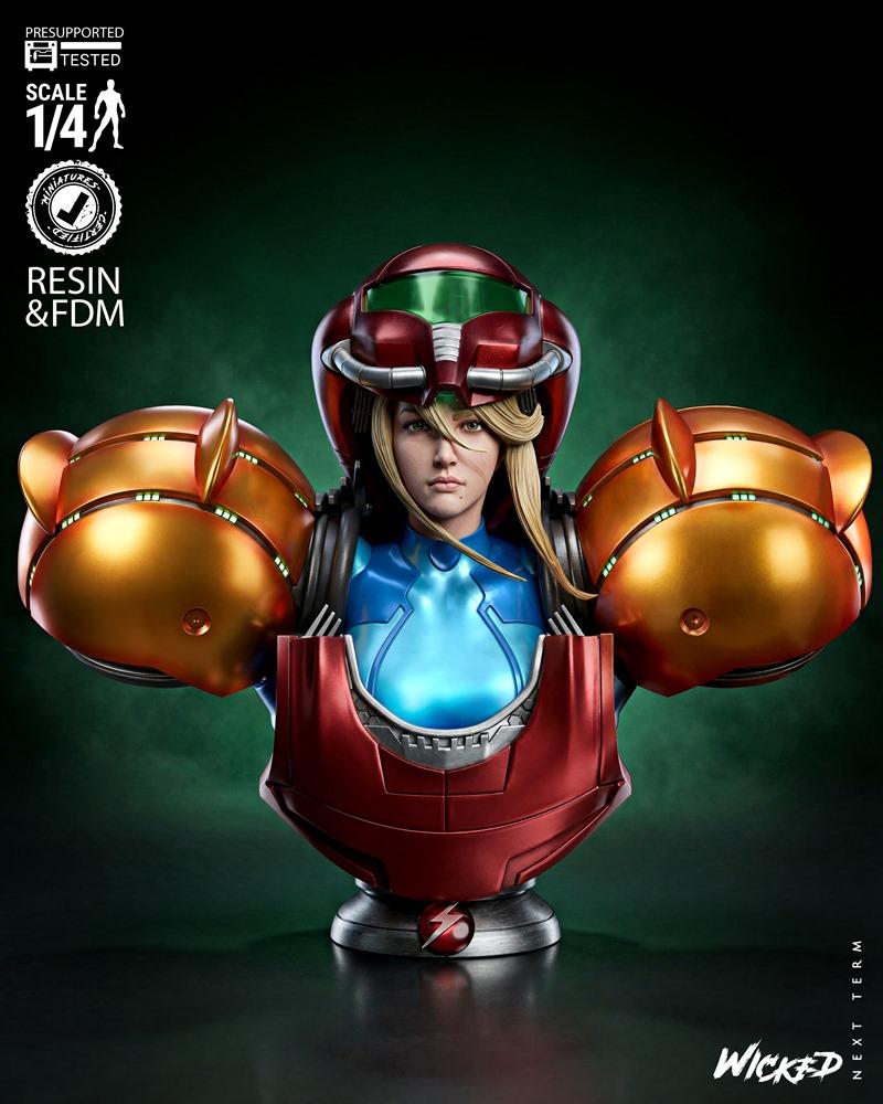 Bust of Samus Aran in Varia Suit, 1:4 scale, red and gold armor, blue chest piece, blonde hair visible, determined ex...