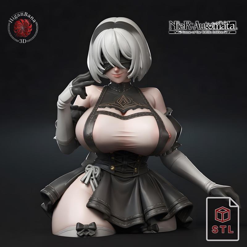 3D printable bust of Nier Automata's 2B, with exaggerated exposed breasts, wearing her iconic blindfold and black out...