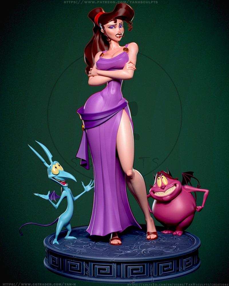 3D model of Megara from Hercules, wearing a purple dress, with Pain and Panic figures on a decorative base.