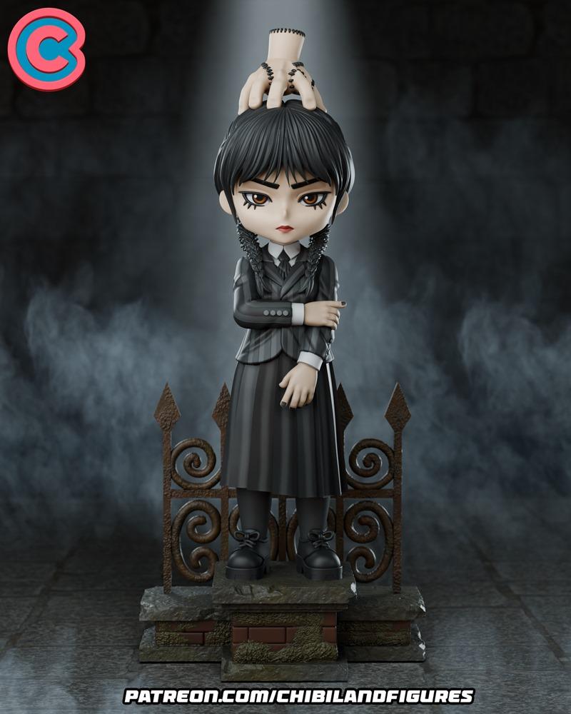 Chibi Wednesday Addams 3D model with Thing on her head, wearing a striped school uniform and standing on a gothic dio...