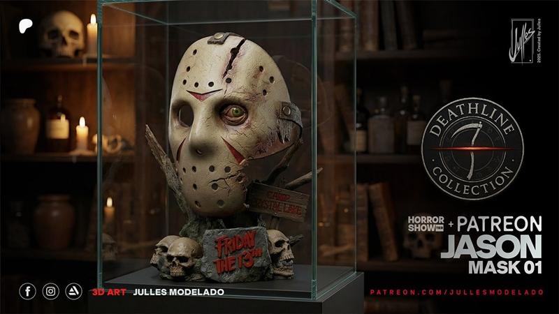 3D model of Jason Voorhees' hockey mask, cracked and weathered, with skulls and a 'Camp Crystal Lake' sign at the base.