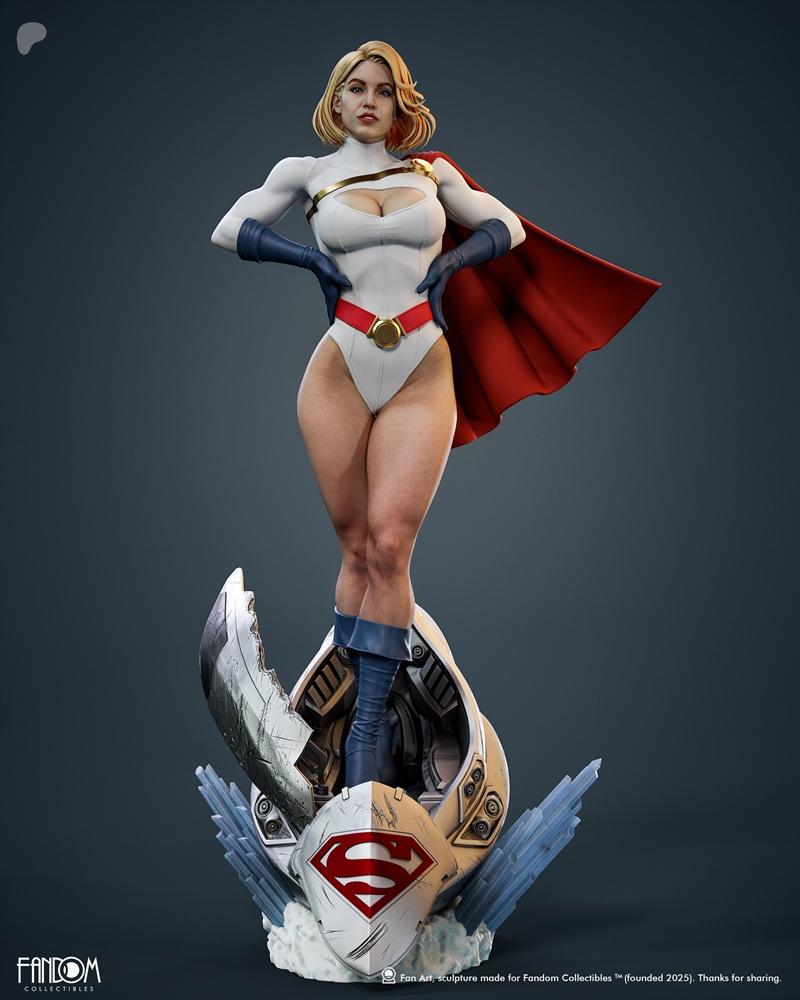Power Girl 3D model figure, white costume with red cape, standing on a base with Superman emblem and futuristic debris.