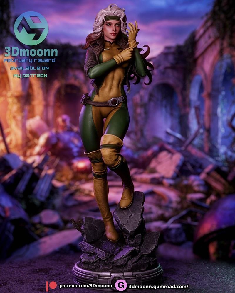 3Dmoonn Rogue X-Men 3D print model figure, wearing green and yellow suit, brown jacket, boots, and gloves, standing o...