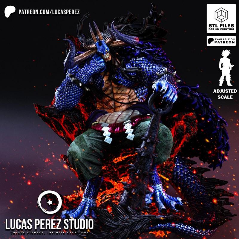 3D model of Kaido from One Piece in dragon hybrid form, seated on a fiery base, wearing blue scaled armor and green p...
